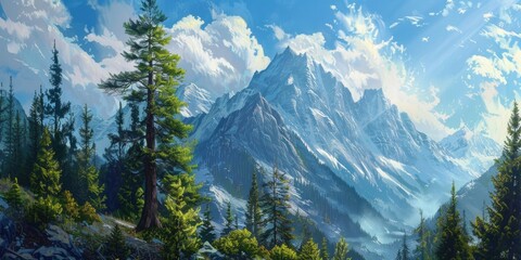 Mountain Trees. Serene Landscape with Majestic Pine Trees against Mountain Skyline - obrazy, fototapety, plakaty