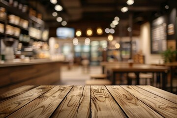 Wooden board empty table in front of blurred background. Brown wood over blur in restaurant - can be used for display or montage your products. Mock up for display of product. High quality photo - obrazy, fototapety, plakaty