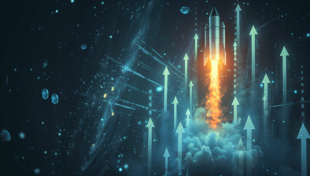 Illustration of a rocket launch with upward arrows, representing the idea that startup moments can be exciting and creative against a dark background. The photography is of high resolution, with ins