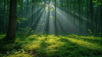 Beautiful view of morning sunlight and long shadows in natural forest