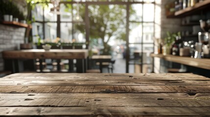 Fototapeta premium Wooden board empty table in front of blurred background. Brown wood over blur in restaurant - can be used for display or montage your products. Mock up for display of product. High quality photo