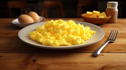 Enjoying breakfast: a yellow omelette on a plate is a hot and delicious start to the day.