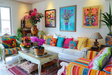 A modern living room interior with dopamine decor.
