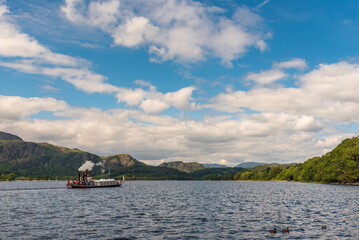 Steam Yacht Gondola makes its way to the North end of Consiton on a beautiful sunny Summer day.