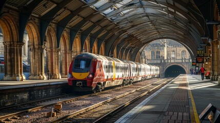 Fototapeta na wymiar YORK, YORKSHIRE UK - OCTOBER 21 2018: Train waiting at York station showing famous Victorian arches