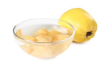 Delicious quince drink in glass bowl and fresh fruit isolated on white