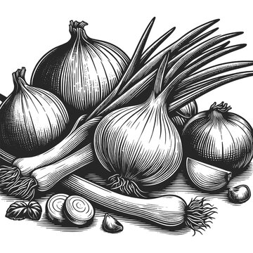 onions and garlic bulbs with fresh green tops and cloves around sketch engraving generative ai fictional character vector illustration. Scratch board imitation. Black and white image.
