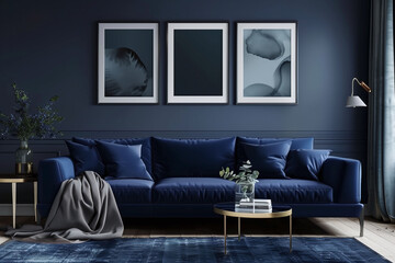 Elegant Living Room with Deep Blue Velvet Sofa
