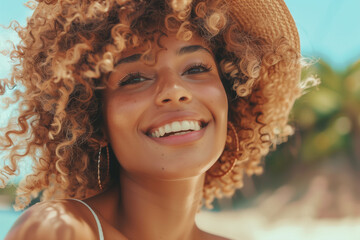 Cheerful Woman in Summer Hat Smiling at Beach