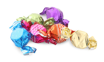 Sweet candies in colorful wrappers on white background - obrazy, fototapety, plakaty