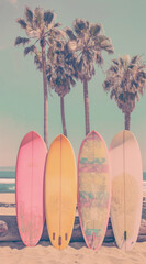 Surfboard and palm tree on beach background. Summer vacation concept. Vintage style