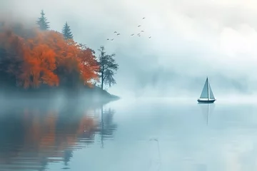 Fotobehang boat in the fog © Nature creative