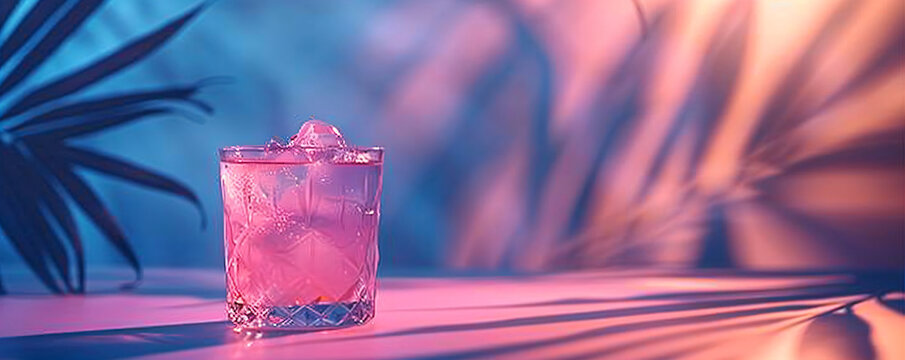 Summer refreshing alcoholic cocktail on neon tropical background with palm leaves. Glass of cold tasty aperitif drink with ice cubes. Disco cocktail party. Vacation at beach resort