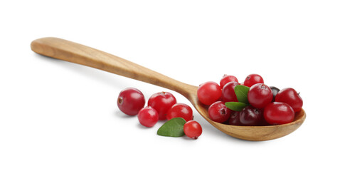 Wooden spoon and fresh ripe cranberries with leaves isolated on white