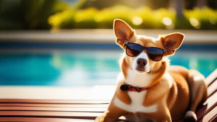 Happy dog in sunglasses resting and relaxing on sunbed at the beach ocean shore. Concept for the summer vacation holidays of pet dog at the seaside