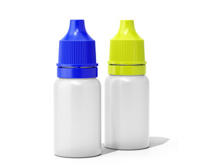 Blank white plastic clear eye dropper bottle with colored cap isolated On Transparent Background. pharmaceutical packaging. 3D Render.	