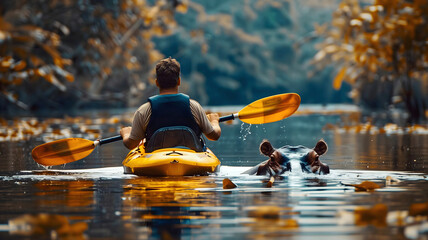 Kayaker in yellow kayak paddling near hippo trough river at Amazon rainforest, adventure and lifestyle concept, nature background - obrazy, fototapety, plakaty