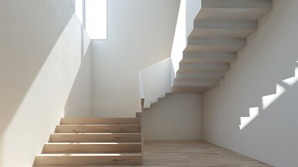 Wooden minimalistic stairs in pure big space