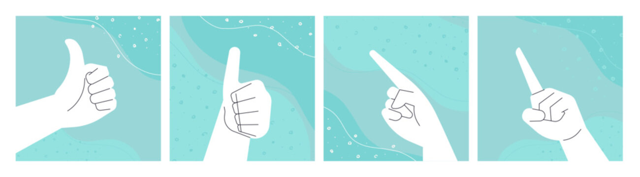 Hand gestures. Vector illustrations of communication, expression of opinion, social network signs. Creative concepts for graphic and web design, social media banner, business presentation, marketing.