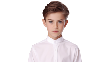 Young boy in white dress shirt, standing against transparent background on transparent