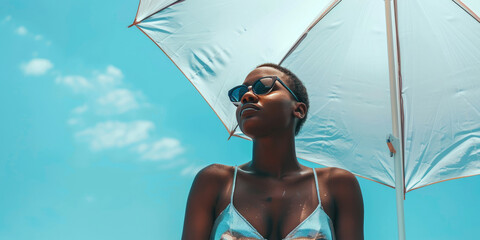 A dark-skinned girl in a shiny swimsuit on an azure background. Rest and relaxation illustration
