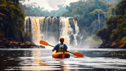 Kayaker in yellow kayak paddling trough river at Amazon rainforest, adventure and lifestyle concept, nature and waterfalls background - obrazy, fototapety, plakaty