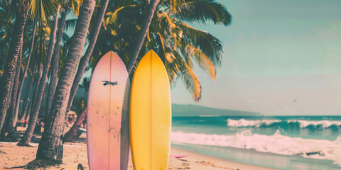 Surfboard and palm tree on beach background. Summer vacation concept. Vintage style