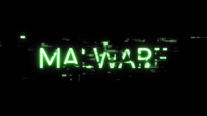 3D rendering malware text with screen effects of technological glitches