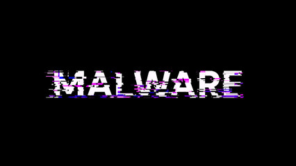 3D rendering malware text with screen effects of technological glitches