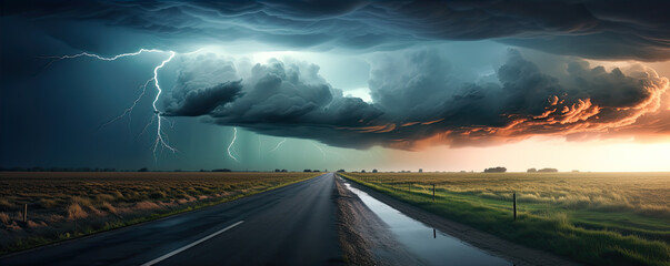 Thunder super storm or tornado on road. - obrazy, fototapety, plakaty