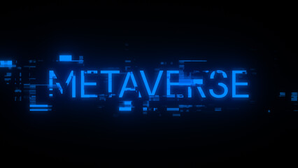 3D rendering metaverse text with screen effects of technological glitches