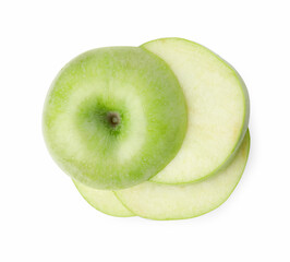Sliced ripe green apple isolated on white, top view