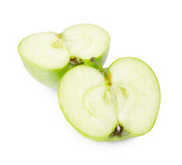 Halves of ripe green apple on white background
