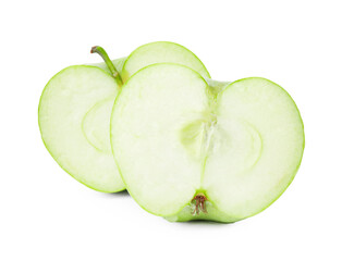 Halves of ripe green apple on white background
