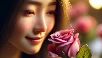The face of a young woman smelling a red rose. The woman has soft, glowing skin, delicate facial features, and her eyes are gently closed.