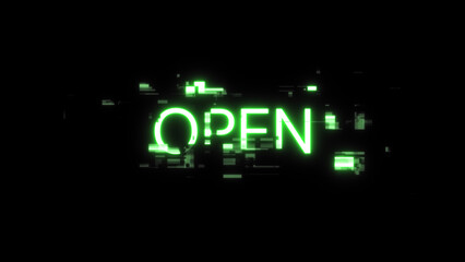 3D rendering open text with screen effects of technological glitches