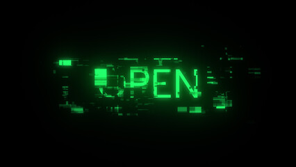 3D rendering open text with screen effects of technological glitches