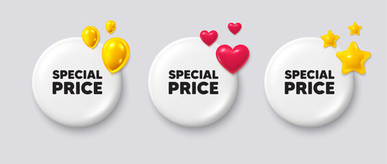 White buttons with 3d icons. Special price tag. Sale sign. Advertising Discounts symbol. Special price button message. Banner badge with balloons, stars, heart. Social media icons. Vector - obrazy, fototapety, plakaty