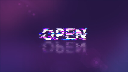 3D rendering open text with screen effects of technological glitches