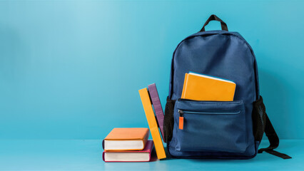 Blue backpack female student with books, on a blue background.