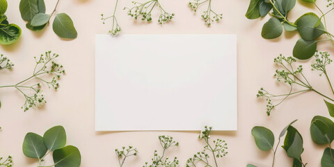 Blank paper on the table around flowers. Background for text. Greeting card