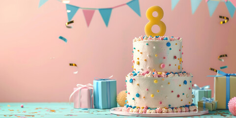 8th years birthday colorful cake with candles and birthday balloons, party pastel background. Space for text