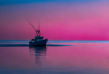 Wall murals Pink Fishing boat on sea in morning. Food industry