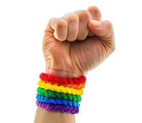 A raised fist with a bracelet in LGBT color, transparent or isolated on white background
