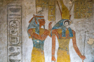 Hieroglyphs and drawings of Egyptian gods, Valley of the Kings, Ancient Egypt