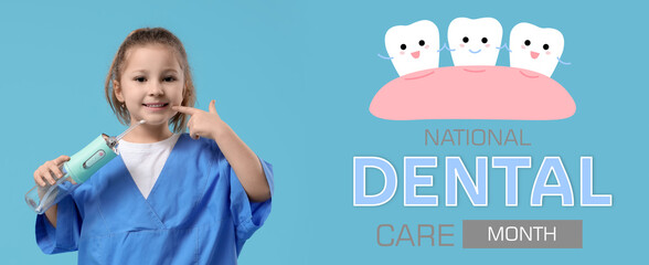 Cute little dentist with oral irrigator on light blue background. Banner for National Dental Care Month