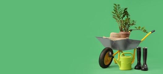 Wheelbarrow with plant and gardening supplies on green background with space for text - obrazy, fototapety, plakaty