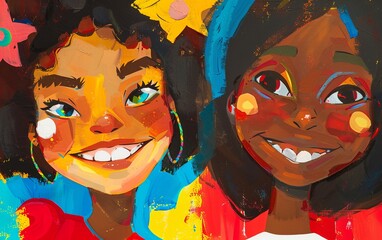 Two female faces close-up with smiles on their faces. The scene is friendly and warm. The girlfriends are chatting nicely. Cartoon characters in graffiti style. Design for cover, card, postcard, etc. - obrazy, fototapety, plakaty