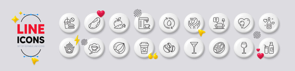 Refill water, Apple carrot and Pecan nut line icons. White buttons 3d icons. Pack of Coffee cup, Lounge, Coffee machine icon. Coffee-berry beans, Martini glass, Milk pictogram. Vector