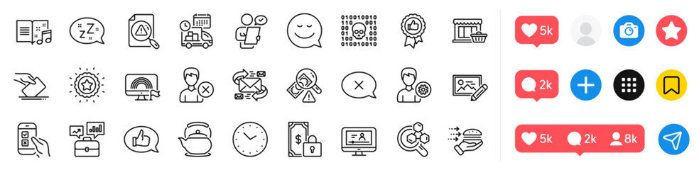 Support, Teapot and Marketplace line icons pack. Social media icons. Fraud, Photo edit, Food delivery web icon. Positive feedback, Reject, Winner star pictogram. Time, Search document, Sleep. Vector